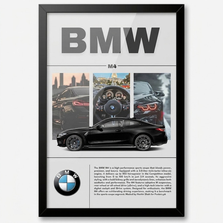 تابلو بکلیت طرح ماشین و خودرو بی ام و BMW M4 مدل B-po1882 فریم مشکی