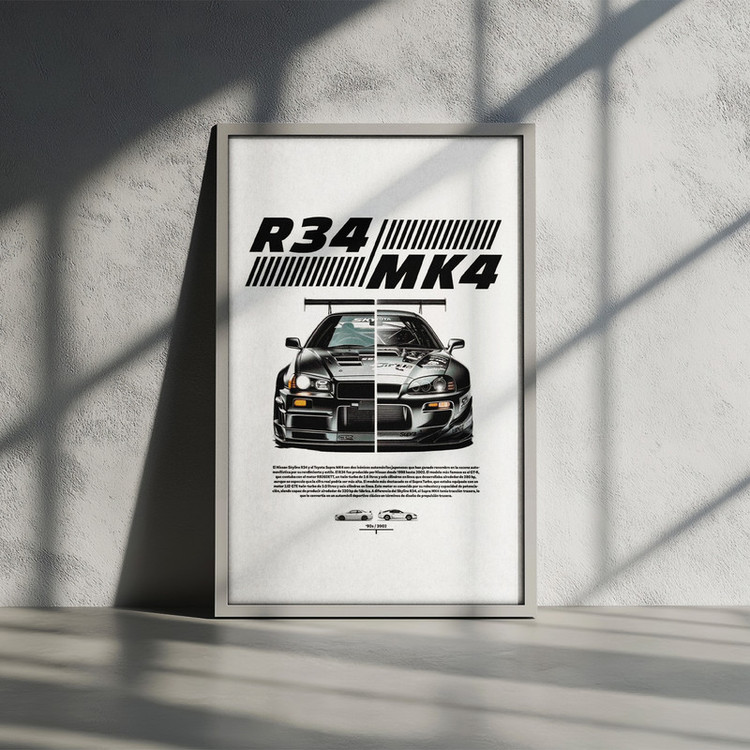 تابلو بکلیت طرح ماشین و خودرو تویوتا TOYOTA SUPRA MK4 و نیسان Nissan GT-R R34 مدل W-po1564 فریم سفید