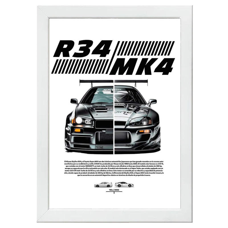 تابلو بکلیت طرح ماشین و خودرو تویوتا TOYOTA SUPRA MK4 و نیسان Nissan GT-R R34 مدل W-po1564 فریم سفید