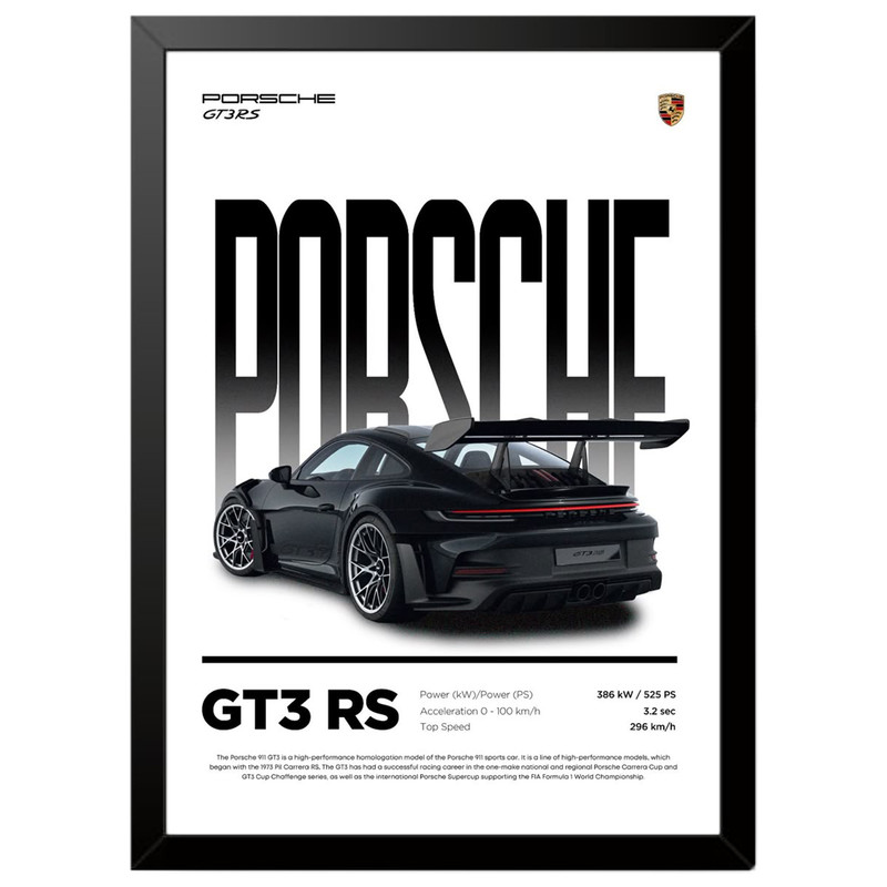 تابلو بکلیت طرح ماشین و خودرو پورشه PORSCHE 911 GT3 RS مدل b-po1711 فریم مشکی