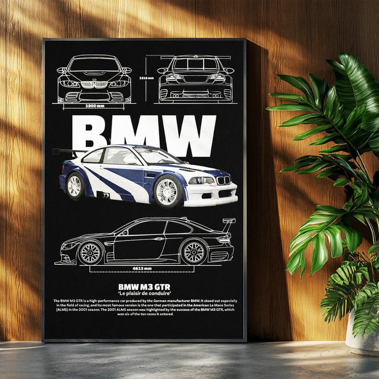 تابلو بکلیت طرح ماشین و خودرو بی ام و BMW M3 GTR مدل b-po1543 فریم مشکی