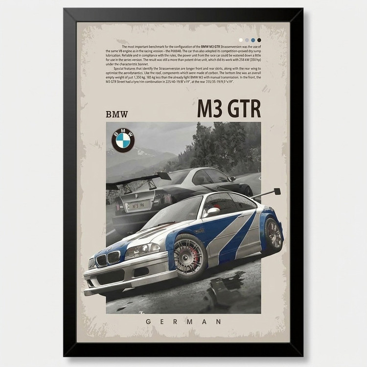 تابلو بکلیت طرح ماشین و خودرو بی ام و BMW M3 GTR NEED FOR SPEED MOST WANTED مدل B-po1877 فریم مشکی