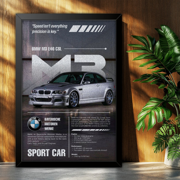 تابلو بکلیت طرح ماشین و خودرو بی ام و BMW M3 E46 CSL مدل B-po1893 فریم مشکی