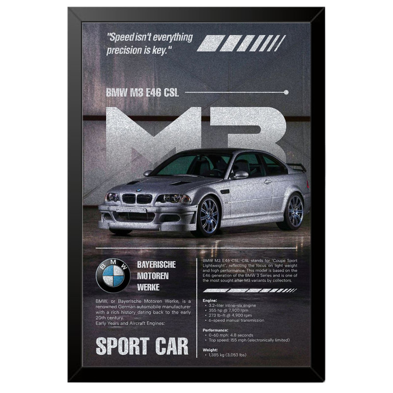 تابلو بکلیت طرح ماشین و خودرو بی ام و BMW M3 E46 CSL مدل B-po1893 فریم مشکی