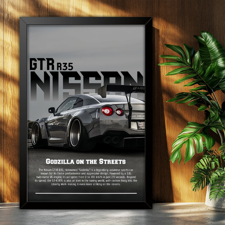 تابلو بکلیت طرح ماشین و خودرو نیسان جی تی ار NISSAN GTR R35 مدل B-po1997 فریم مشکی