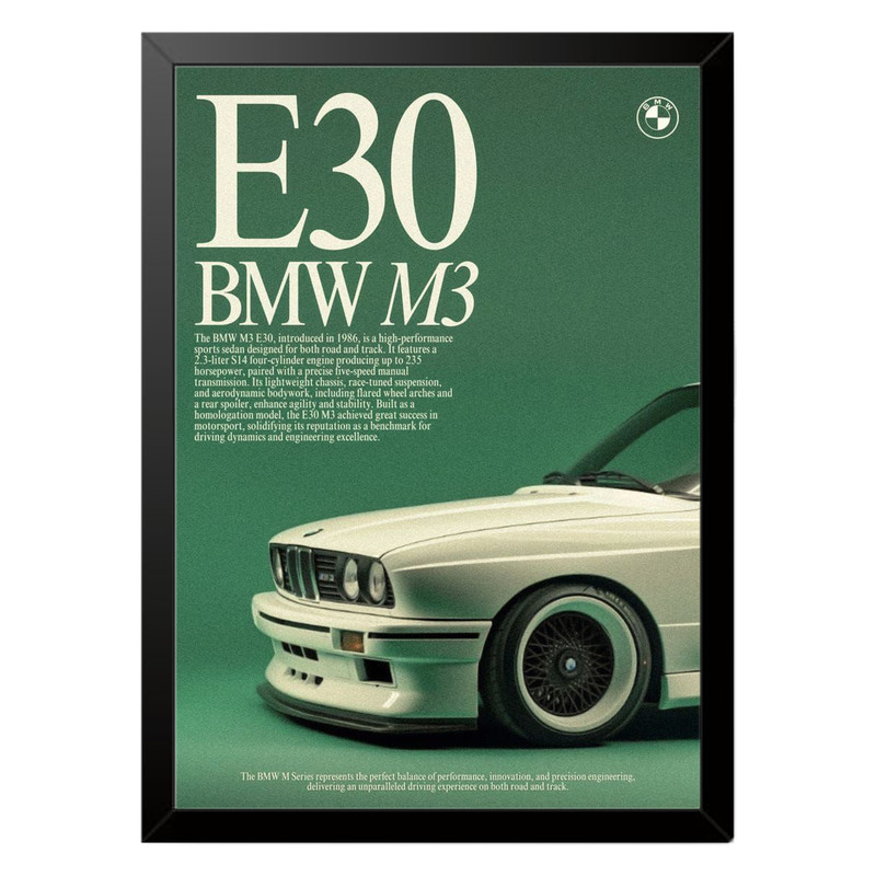 تابلو بکلیت طرح ماشین و خودرو بی ام و BMW M3 E30 مدل b-po1579 فریم مشکی