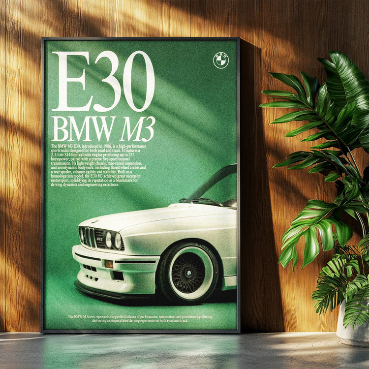 تابلو بکلیت طرح ماشین و خودرو بی ام و BMW M3 E30 مدل b-po1579 فریم مشکی