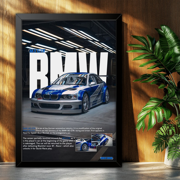 تابلو بکلیت طرح ماشین و خودرو بی ام و BMW M3 GTR NEED FOR SPEED MOST WANTED مدل B-po1876 فریم مشکی