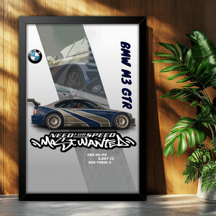 تابلو بکلیت طرح ماشین و خودرو بی ام و BMW M3 GTR NEED FOR SPEED MOST WANTED مدل B-po1874 فریم مشکی