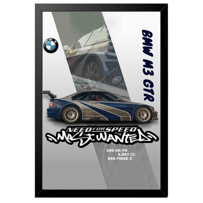 تابلو بکلیت طرح ماشین و خودرو بی ام و BMW M3 GTR NEED FOR SPEED MOST WANTED مدل B-po1874 فریم مشکی