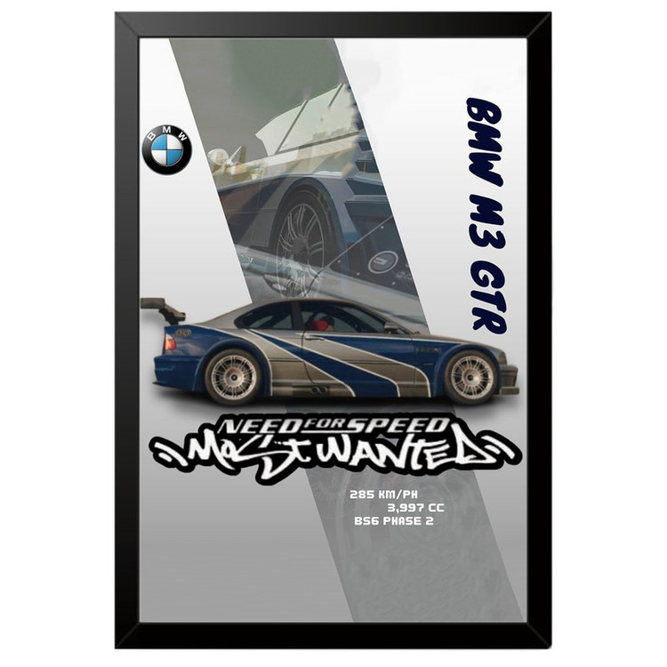 تابلو بکلیت طرح ماشین و خودرو بی ام و BMW M3 GTR NEED FOR SPEED MOST WANTED مدل B-po1874 فریم مشکی