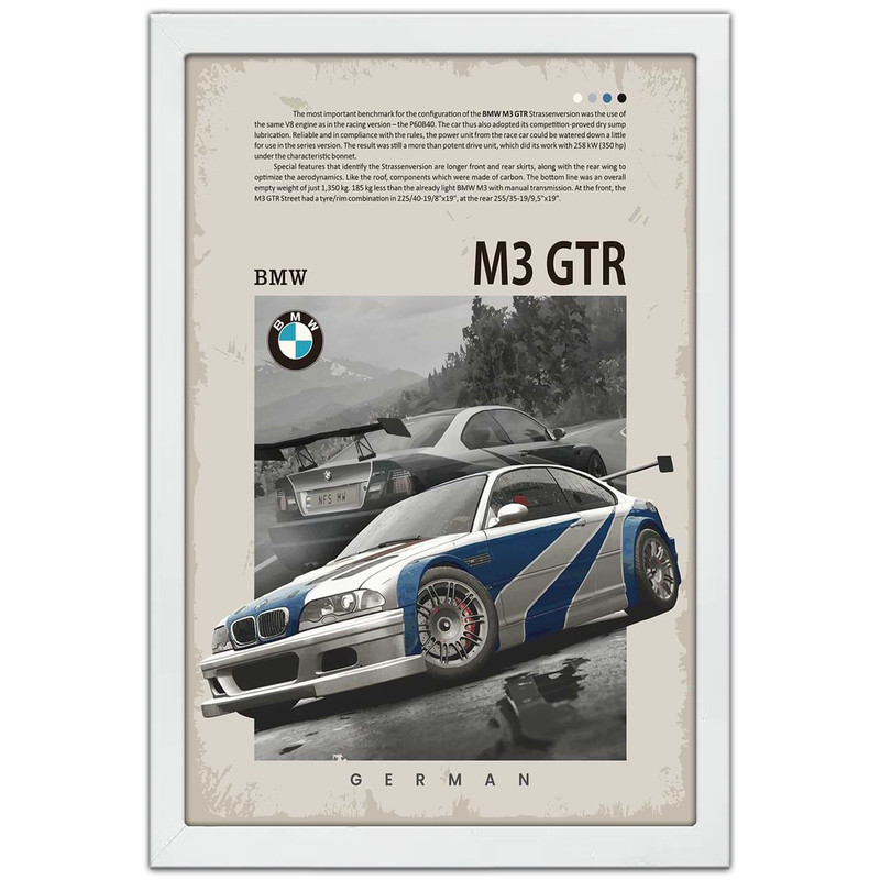 تابلو بکلیت طرح ماشین و خودرو بی ام و BMW M3 GTR NEED FOR SPEED MOST WANTED مدل W-po1877 فریم سفید