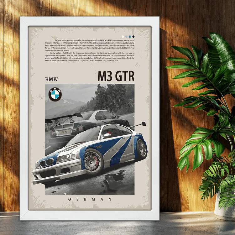 تابلو بکلیت طرح ماشین و خودرو بی ام و BMW M3 GTR NEED FOR SPEED MOST WANTED مدل W-po1877 فریم سفید