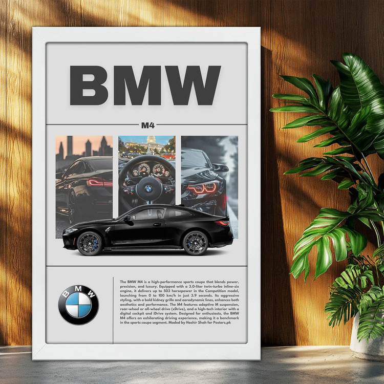 تابلو بکلیت طرح ماشین و خودرو بی ام و BMW M4 مدل W-po1882 فریم سفید