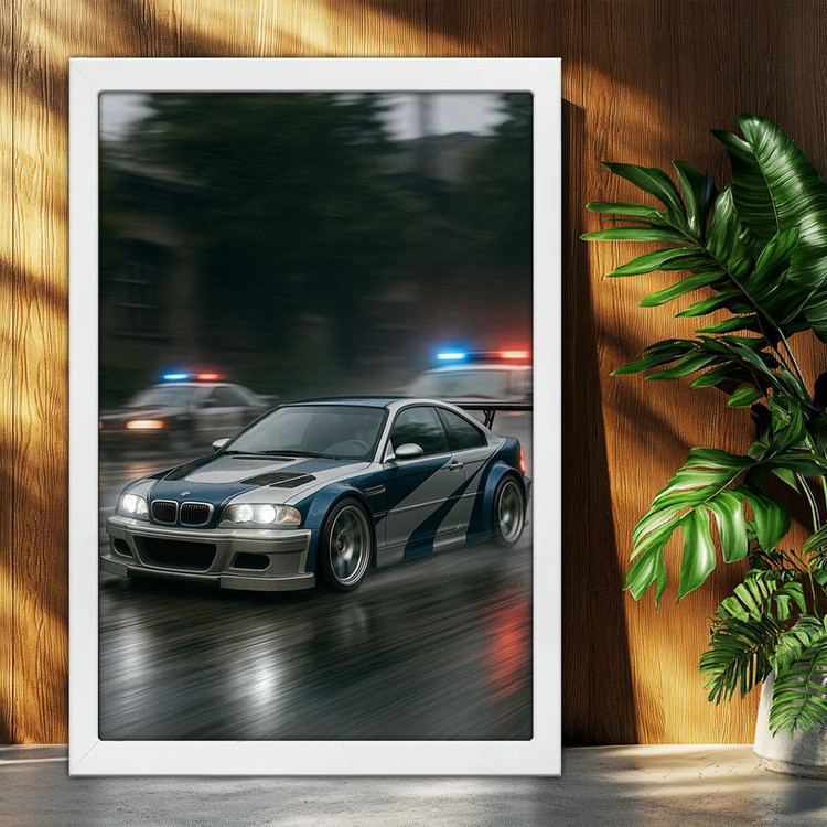 تابلو بکلیت طرح ماشین و خودرو بی ام و BMW M3 GTR NEED FOR SPEED MOST WANTED مدل W-po1866 فریم سفید