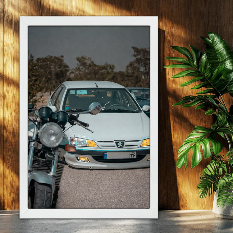 تابلو بکلیت طرح موتور سنگین هوندا سی بی HONDA CB1300 و ماشین پژو پارس مدل W-po2075 فریم سفید