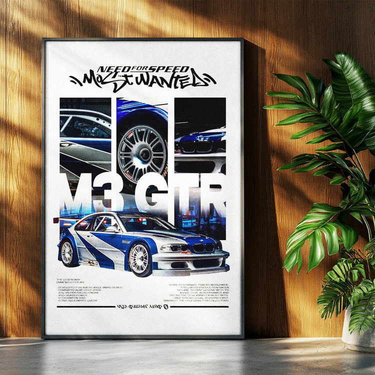 تابلو بکلیت طرح ماشین و خودرو بی ام و BMW M3 GTR NEED FOR SPEED MOST WANTED مدل b-po1668 فریم مشکی
