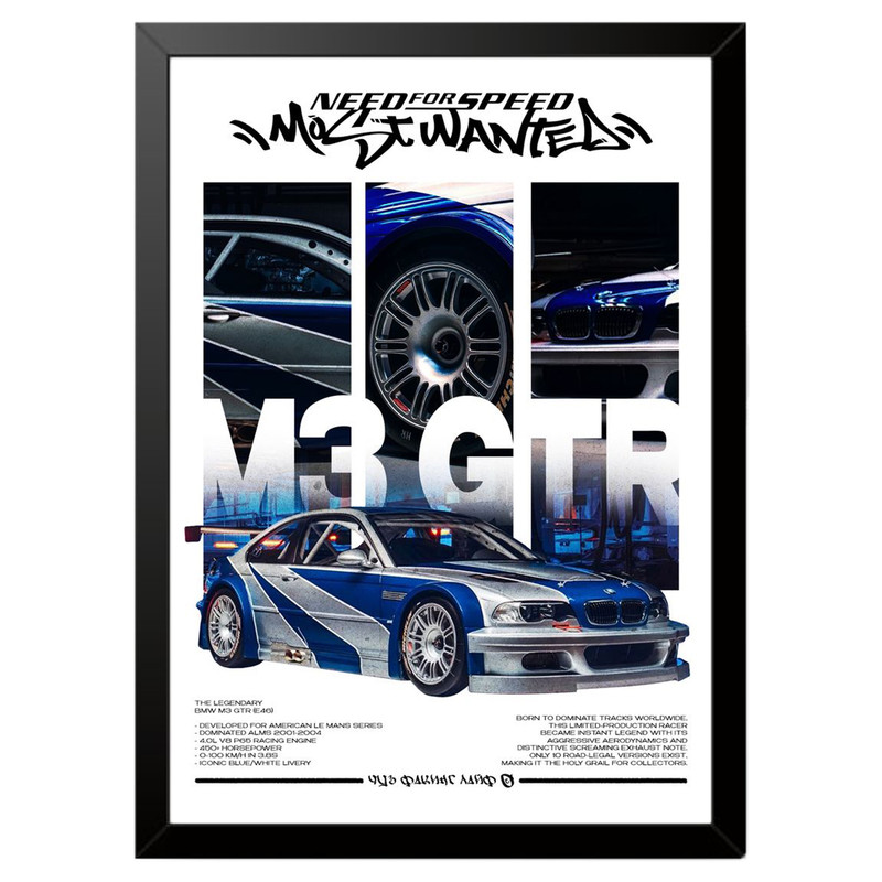تابلو بکلیت طرح ماشین و خودرو بی ام و BMW M3 GTR NEED FOR SPEED MOST WANTED مدل b-po1668 فریم مشکی