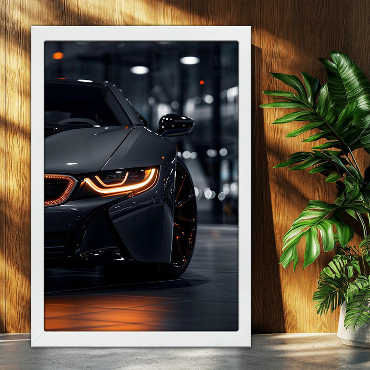 تابلو بکلیت طرح ماشین و خودرو بی ام و BMW i8 مدل W-po2118 فریم سفید
