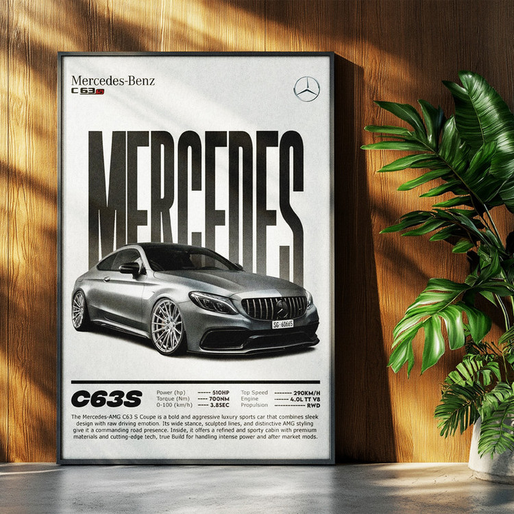 تابلو بکلیت طرح ماشین و خودرو مرسدس بنز Mercedes-Benz AMG C63 S مدل b-po1731 فریم مشکی