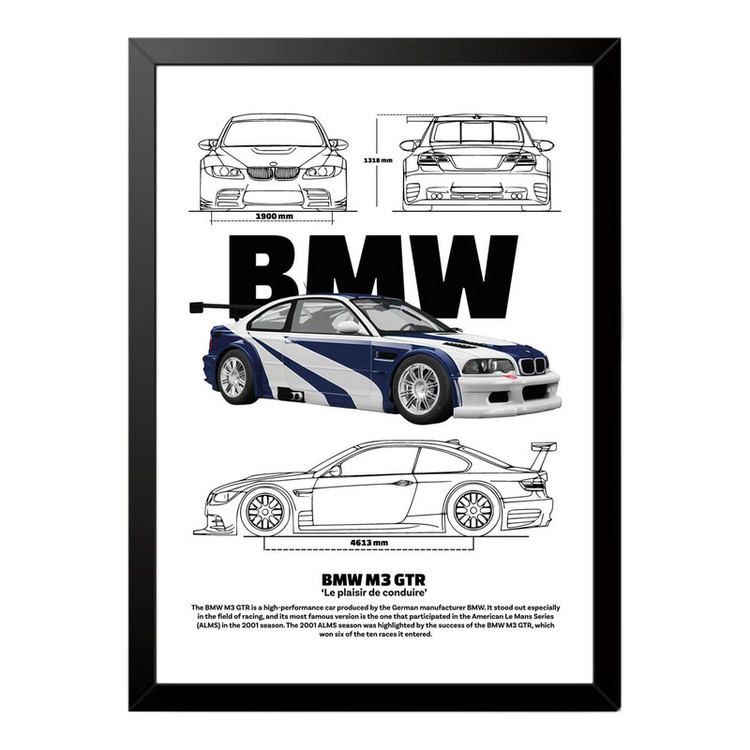 تابلو بکلیت طرح ماشین و خودرو بی ام و BMW M3 GTR مدل b-po1542 فریم مشکی