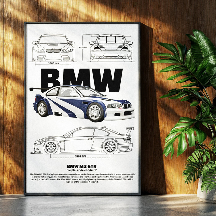 تابلو بکلیت طرح ماشین و خودرو بی ام و BMW M3 GTR مدل b-po1542 فریم مشکی