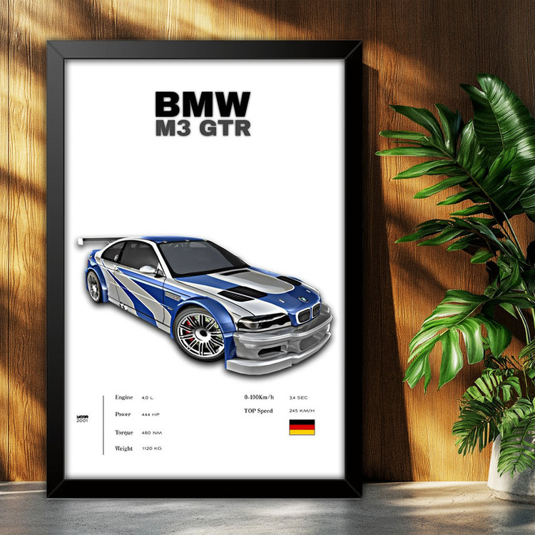 تابلو بکلیت طرح ماشین و خودرو بی ام و BMW M3 GTR NEED FOR SPEED MOST WANTED مدل B-po1878 فریم مشکی