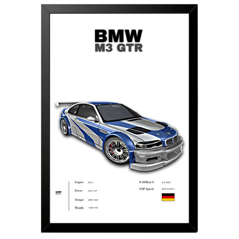 تابلو بکلیت طرح ماشین و خودرو بی ام و BMW M3 GTR NEED FOR SPEED MOST WANTED مدل B-po1878 فریم مشکی