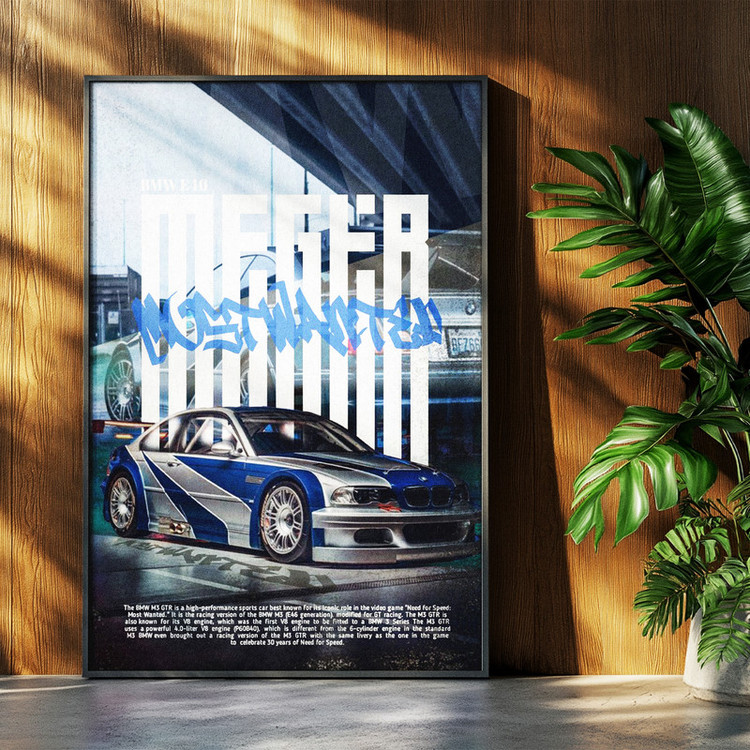 تابلو بکلیت طرح ماشین و خودرو بی ام و BMW M3 GTR NEED FOR SPEED MOST WANTED مدل b-po1669 فریم مشکی