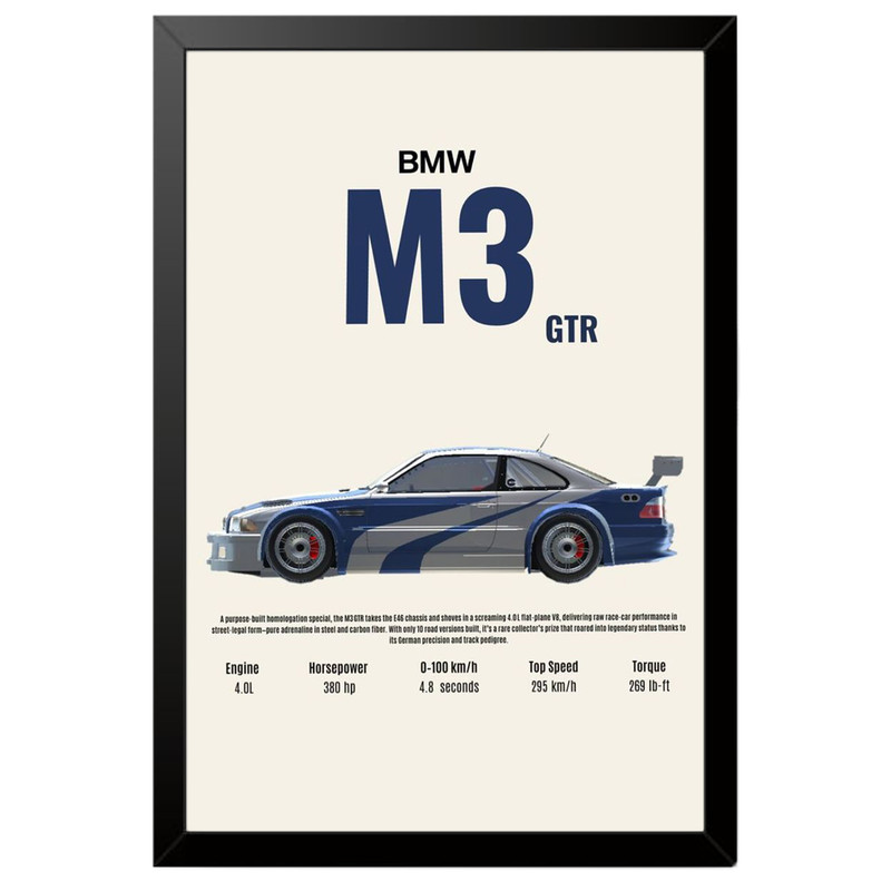 تابلو بکلیت طرح ماشین و خودرو بی ام و BMW M3 GTR NEED FOR SPEED MOST WANTED مدل B-po1951 فریم مشکی