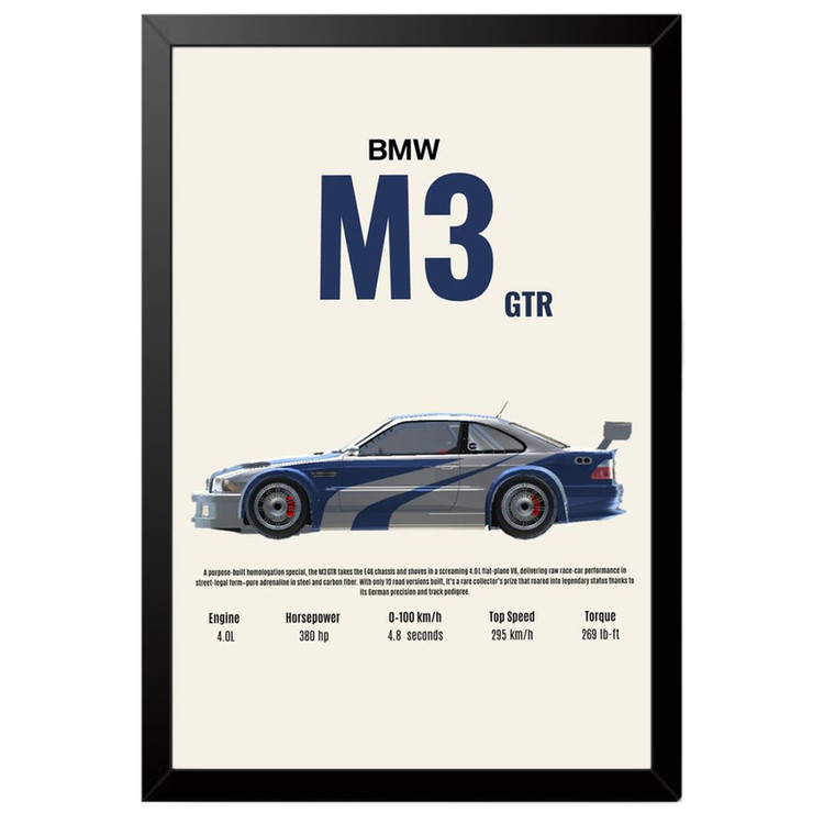 تابلو بکلیت طرح ماشین و خودرو بی ام و BMW M3 GTR NEED FOR SPEED MOST WANTED مدل B-po1951 فریم مشکی