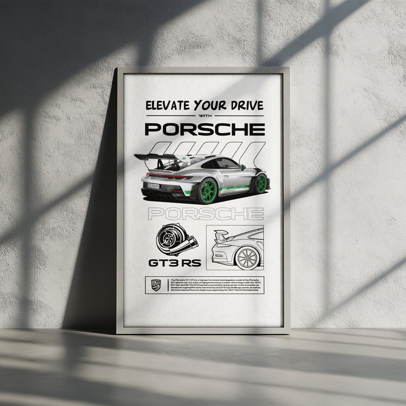 تابلو بکلیت طرح ماشین و خودرو پورشه PORSCHE 911 GT3 RS مدل W-po1566 فریم سفید