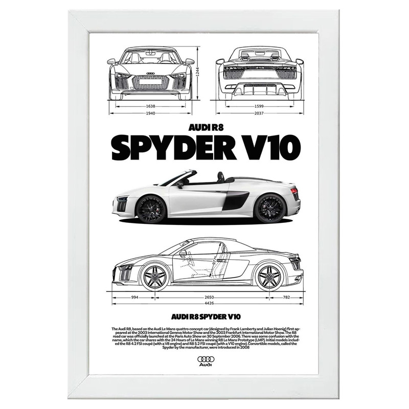تابلو بکلیت طرح ماشین و خودرو آئودی AUDI R8 SPYDER V10 مدل W-po1560 فریم سفید