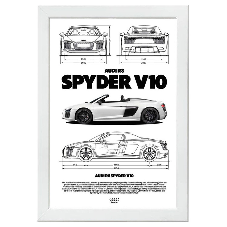 تابلو بکلیت طرح ماشین و خودرو آئودی AUDI R8 SPYDER V10 مدل W-po1560 فریم سفید