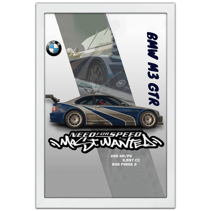 تابلو بکلیت طرح ماشین و خودرو بی ام و BMW M3 GTR NEED FOR SPEED MOST WANTED مدل W-po1874 فریم سفید