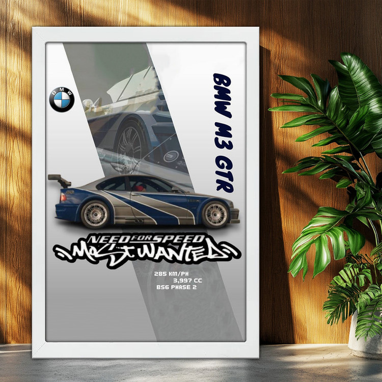 تابلو بکلیت طرح ماشین و خودرو بی ام و BMW M3 GTR NEED FOR SPEED MOST WANTED مدل W-po1874 فریم سفید