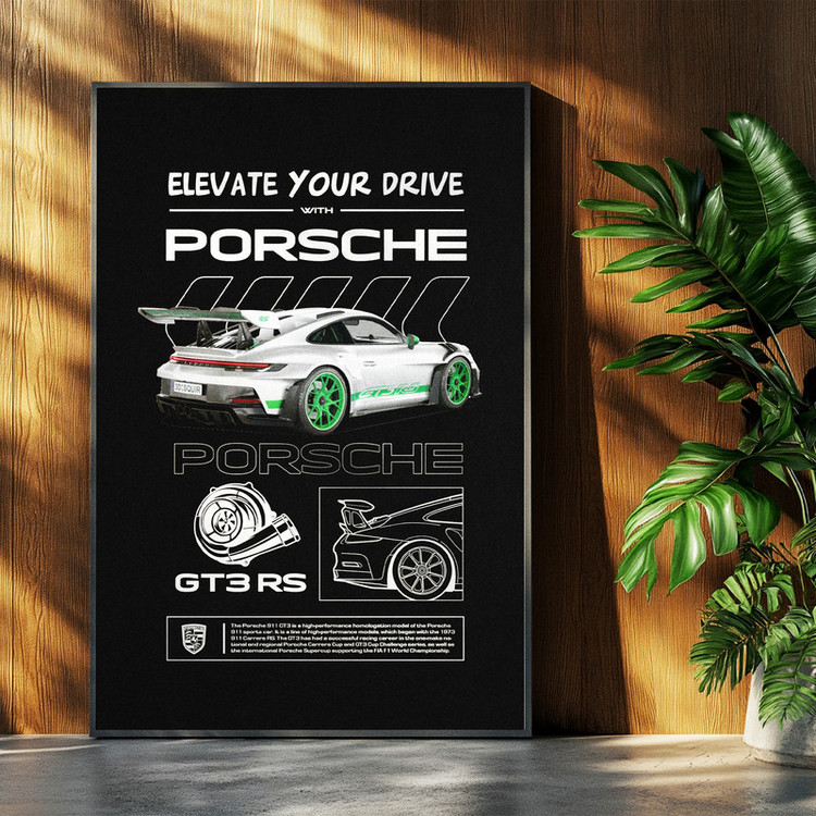 تابلو بکلیت طرح ماشین و خودرو پورشه PORSCHE 911 GT3 RS مدل b-po1567 فریم مشکی
