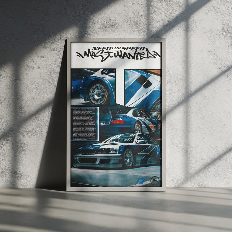 تابلو بکلیت طرح ماشین و خودرو بی ام و BMW M3 GTR NEED FOR SPEED MOST WANTED مدل W-po1578 فریم سفید