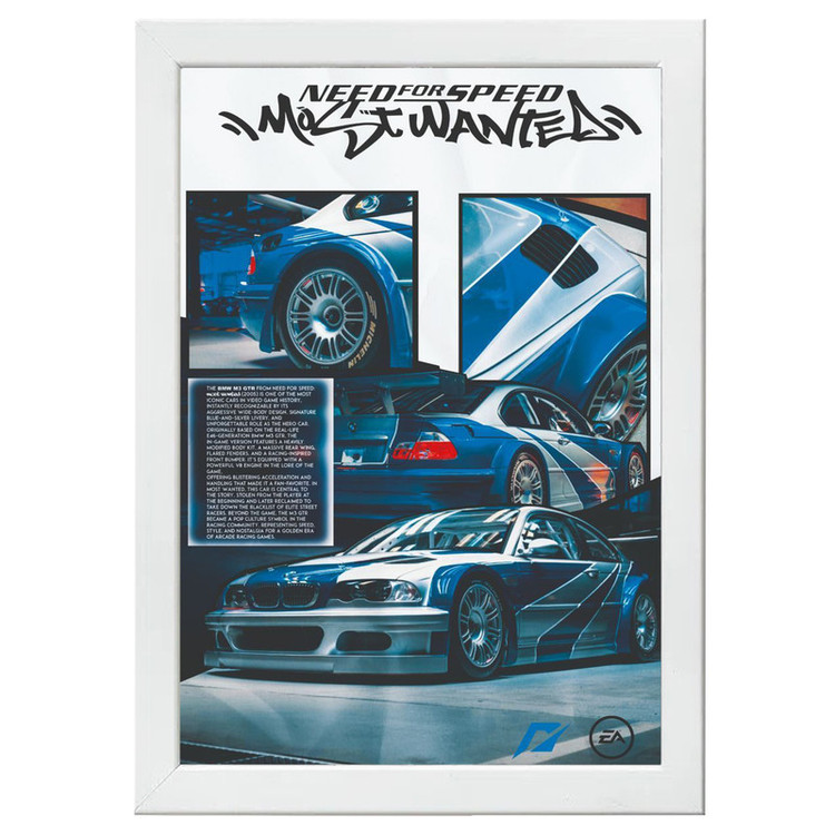 تابلو بکلیت طرح ماشین و خودرو بی ام و BMW M3 GTR NEED FOR SPEED MOST WANTED مدل W-po1578 فریم سفید