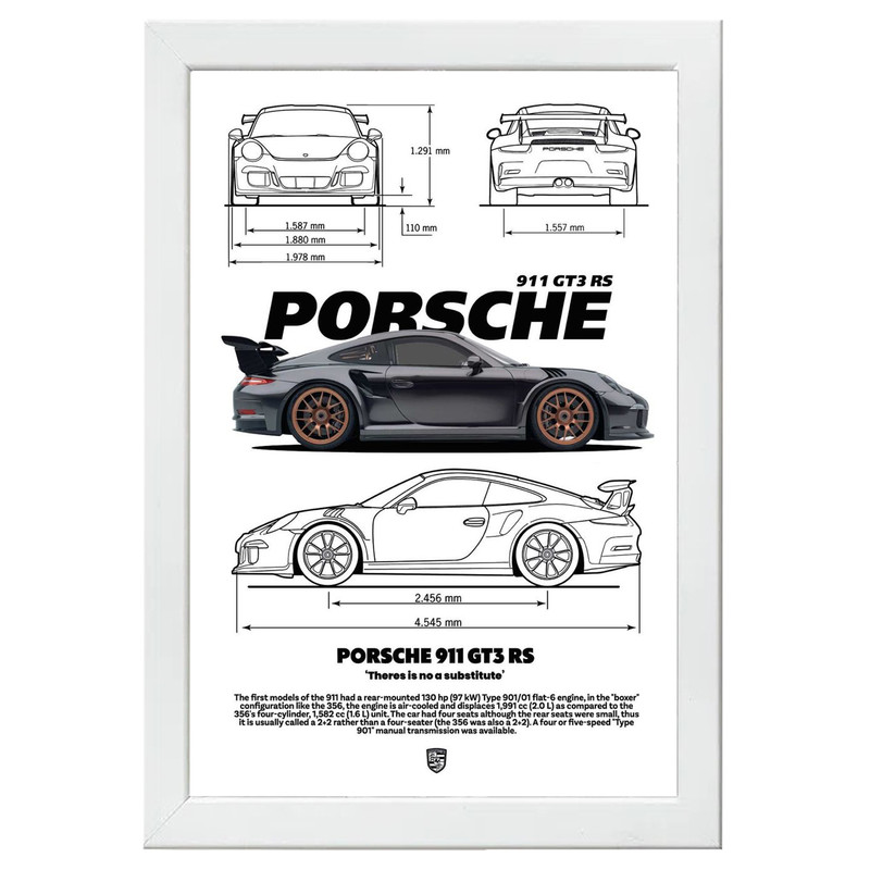 تابلو بکلیت طرح ماشین و خودرو پورشه PORSCHE 911 GT3 RS مدل W-po1557 فریم سفید