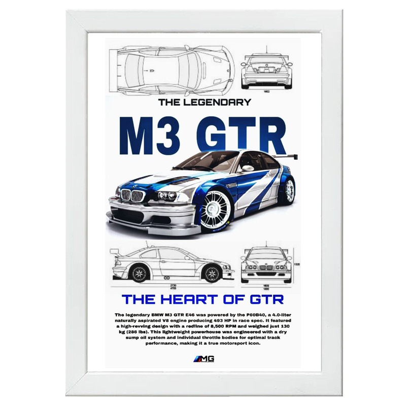 تابلو بکلیت طرح ماشین و خودرو بی ام و BMW M3 GTR مدل W-po1577 فریم سفید