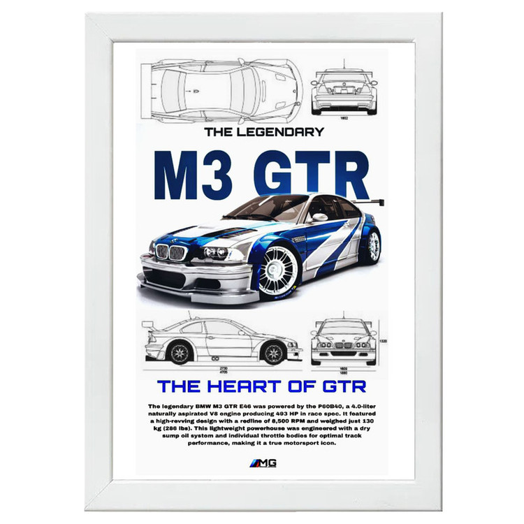 تابلو بکلیت طرح ماشین و خودرو بی ام و BMW M3 GTR مدل W-po1577 فریم سفید