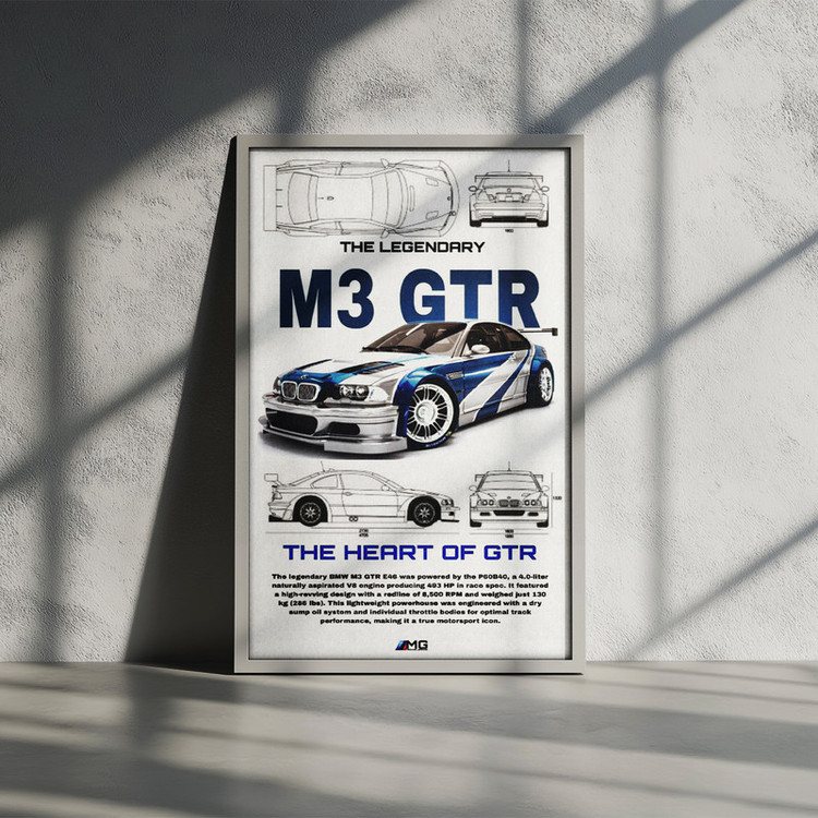 تابلو بکلیت طرح ماشین و خودرو بی ام و BMW M3 GTR مدل W-po1577 فریم سفید