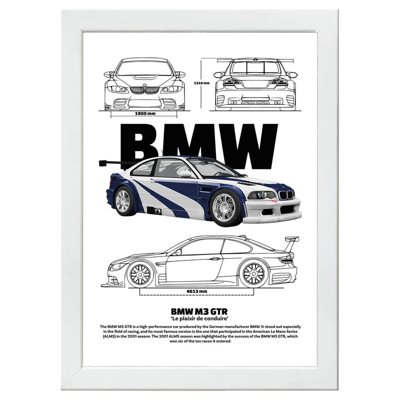تابلو بکلیت طرح ماشین و خودرو بی ام و BMW M3 GTR مدل W-po1542 فریم سفید