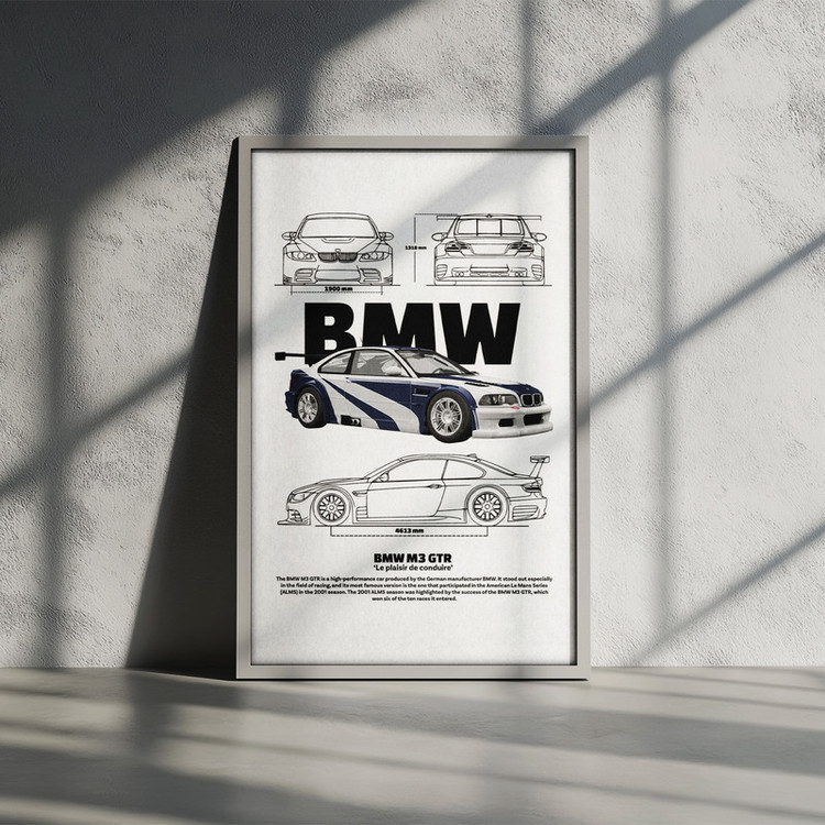 تابلو بکلیت طرح ماشین و خودرو بی ام و BMW M3 GTR مدل W-po1542 فریم سفید