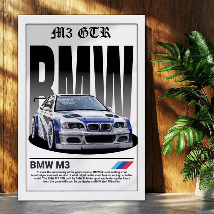 تابلو بکلیت طرح ماشین و خودرو بی ام و BMW M3 GTR NEED FOR SPEED MOST WANTED مدل W-po1667 فریم سفید