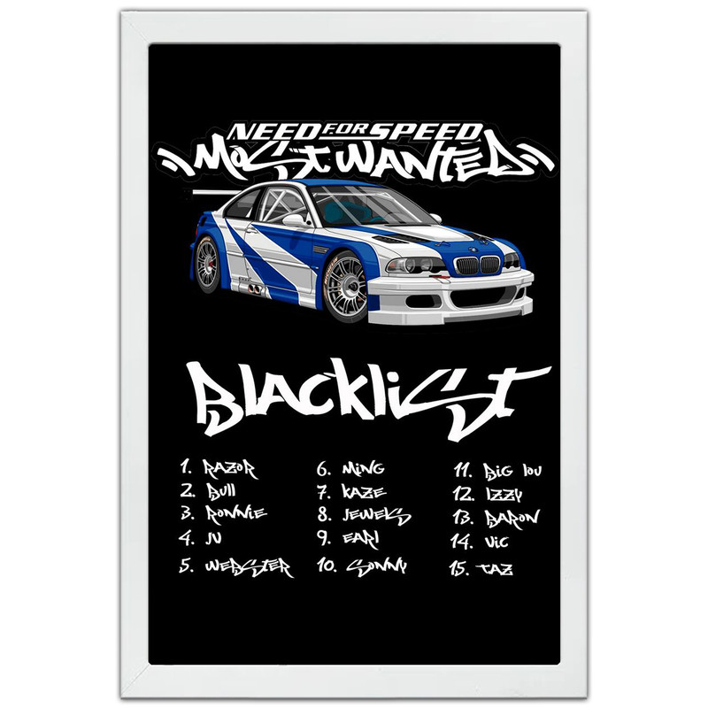 تابلو بکلیت طرح ماشین و خودرو بی ام و BMW M3 GTR NEED FOR SPEED MOST WANTED مدل W-po1880 فریم سفید