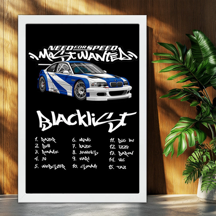 تابلو بکلیت طرح ماشین و خودرو بی ام و BMW M3 GTR NEED FOR SPEED MOST WANTED مدل W-po1880 فریم سفید