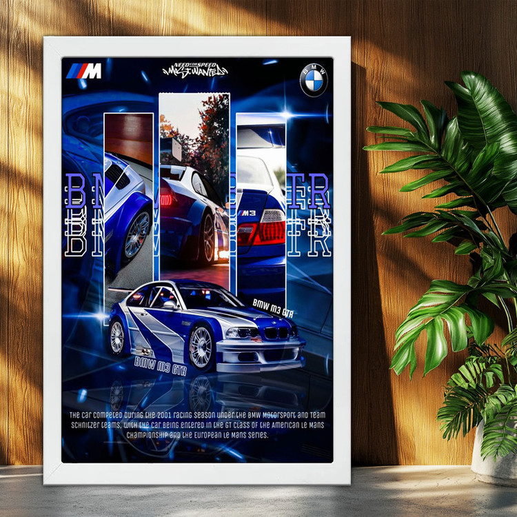 تابلو بکلیت طرح ماشین و خودرو بی ام و BMW M3 GTR NEED FOR SPEED MOST WANTED مدل W-po1975 فریم سفید