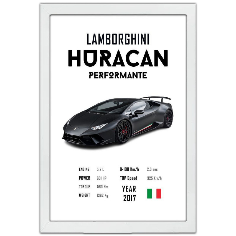 تابلو بکلیت طرح ماشین و خودرو لامبورگینی Lamborghini Huracan Performante مدل W-po1719 فریم سفید